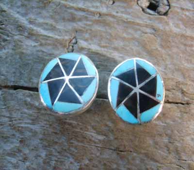 American Indian Inlay Turquoise Onyx Button Earrings